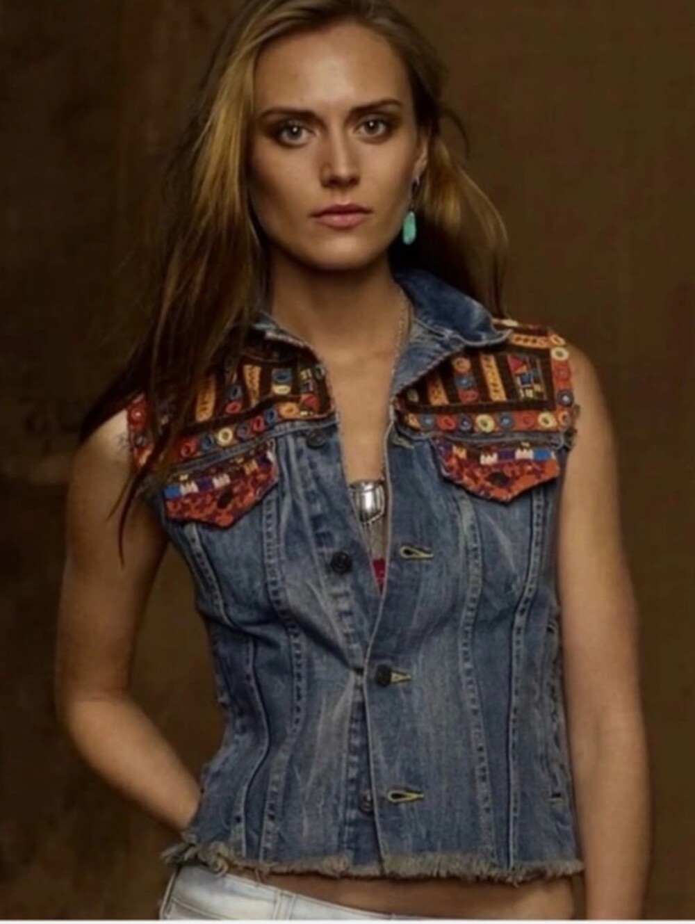 Denim & Supply Ralph Lauren Embroidered  Denim Vest Raw Hem Boho Western Size XS